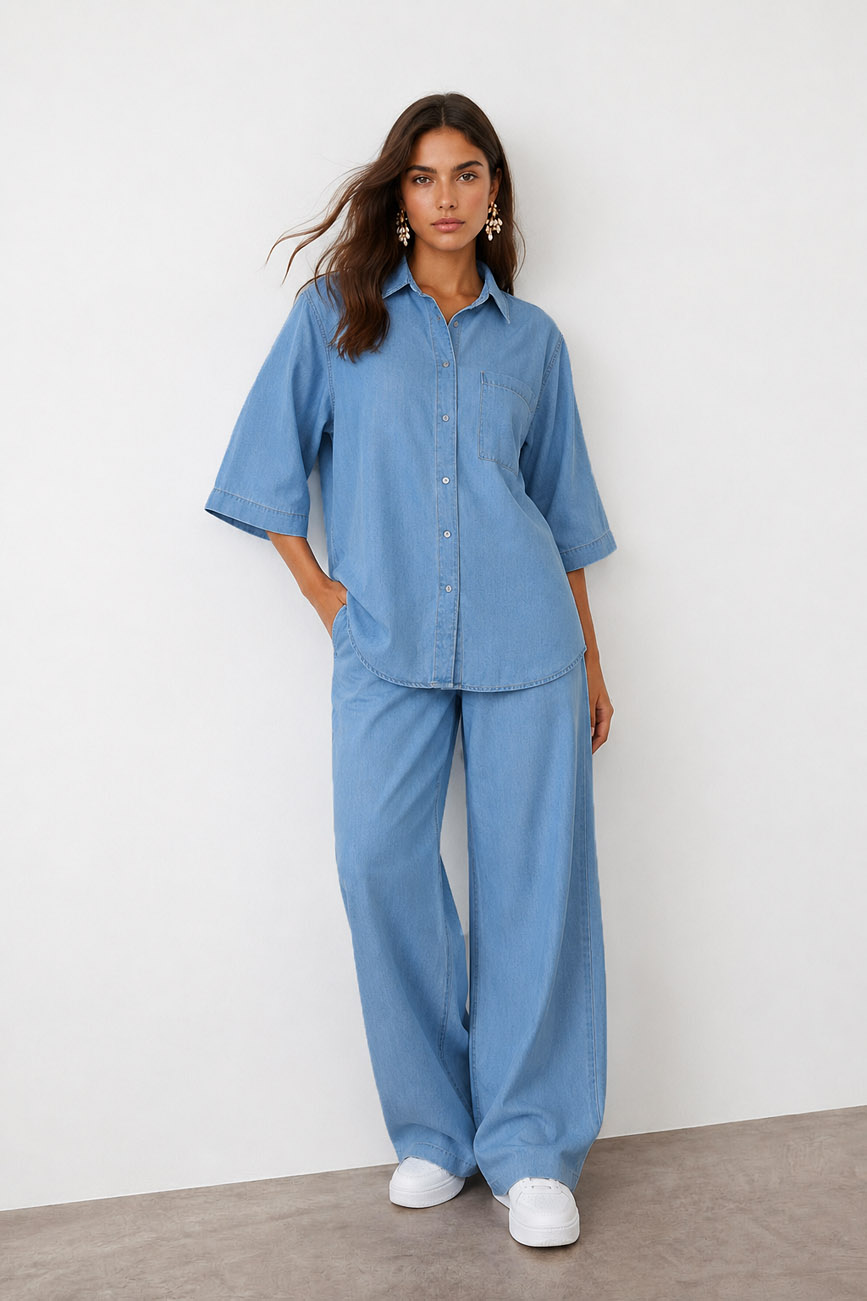 Kadın Yarım Kol Cep Detaylı Ceket Pantolon Denim Takım
