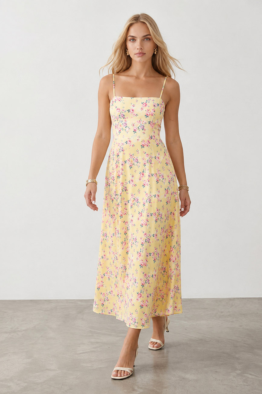 Çiçekli İp Askılı Kadın Uzun Elbise