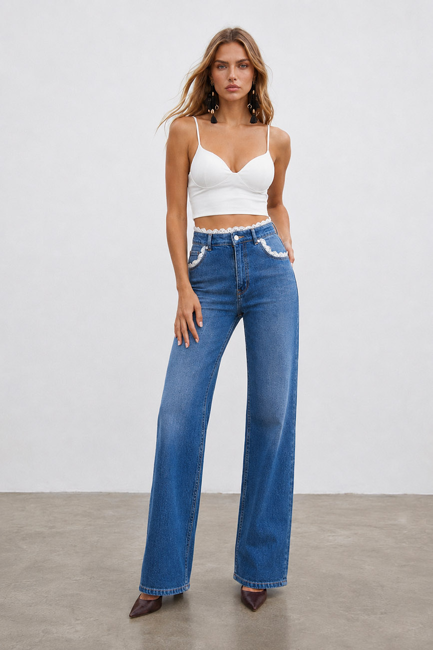 Dantel Detaylı Wide Leg Kadın Denim Pantolon