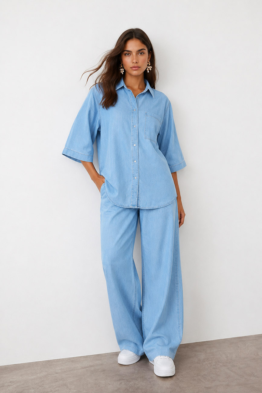 Kadın Yarım Kol Cep Detaylı Ceket Pantolon Denim Takım